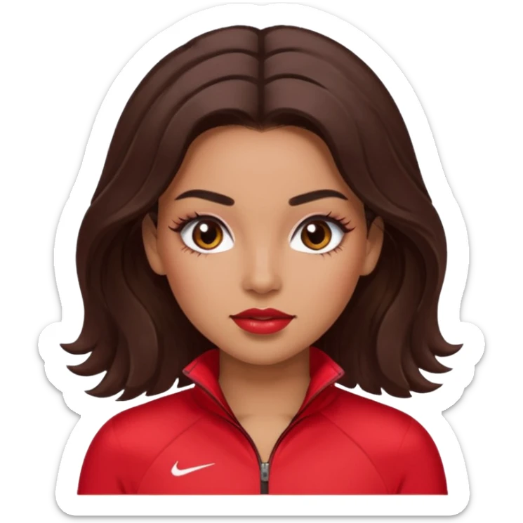 girl in red sportswear with lashes, lipgloss and blush and hair out, brown dark hair straight and a bit wavy  sticker