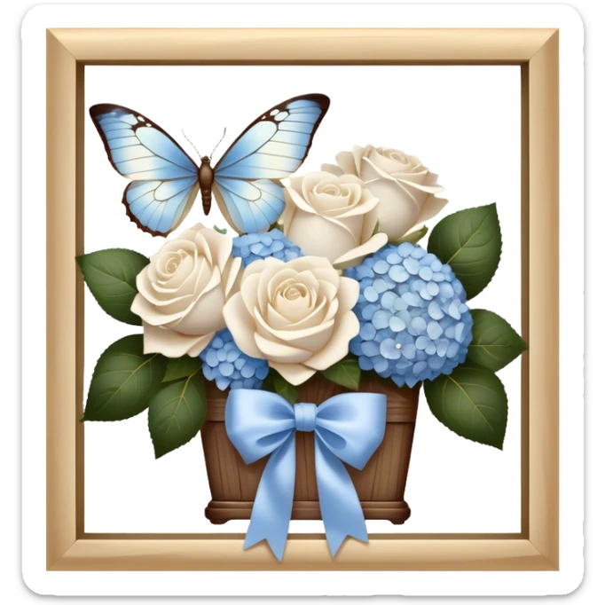An antique wooden windowsill adorned with an elegant arrangement of white roses and soft blue hydrangeas. A silk bow in muted beige is loosely tied around the bouquet, while a translucent butterfly with pearlescent wings delicately lands on the petals. sticker