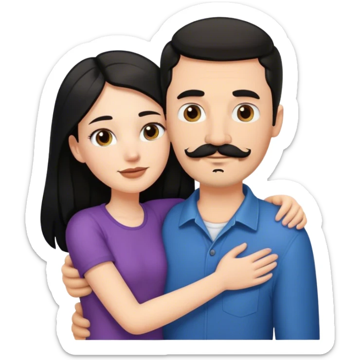 a short white girl with long black hair hugging a tall white guy with brown hair goatee mustache sticker