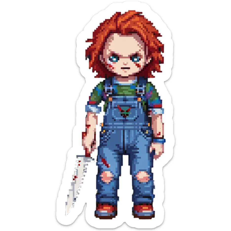 Chucky doll from Child's Play horror movie with red hair, scarred face, blue overalls and a knife sticker