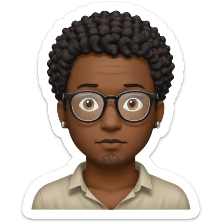 Black man emoji with short curly hair, black glasses, visible neck tattoo, adventurous and creative expression sticker