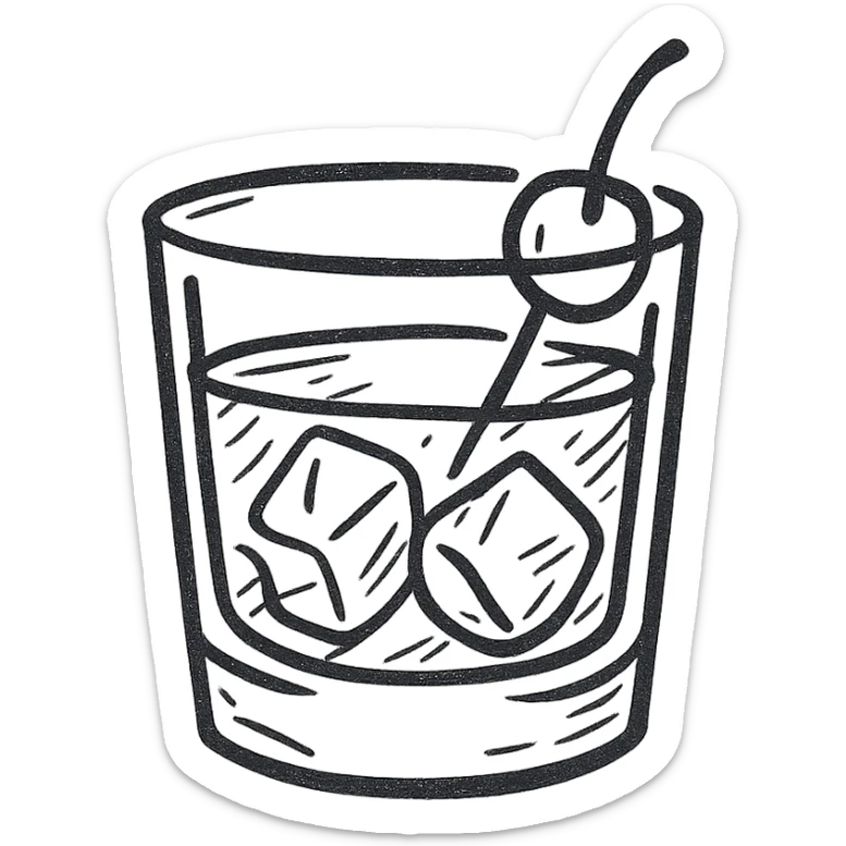 Manhattan cocktail in a short glass with ice, hand drawn black outline style, simple and sketchy sticker