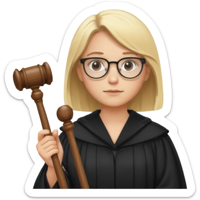 Young judge, blonde hair with glasses and robe, hold a gavel sticker