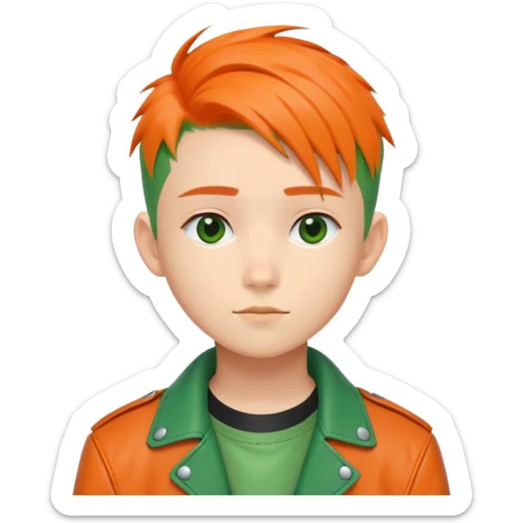 Nam 15 tuổi, da trắng, tóc under cut màu xanh lá cây ( vuốt ngược ra sau ), áo khoác da màu cam cổ cao sticker