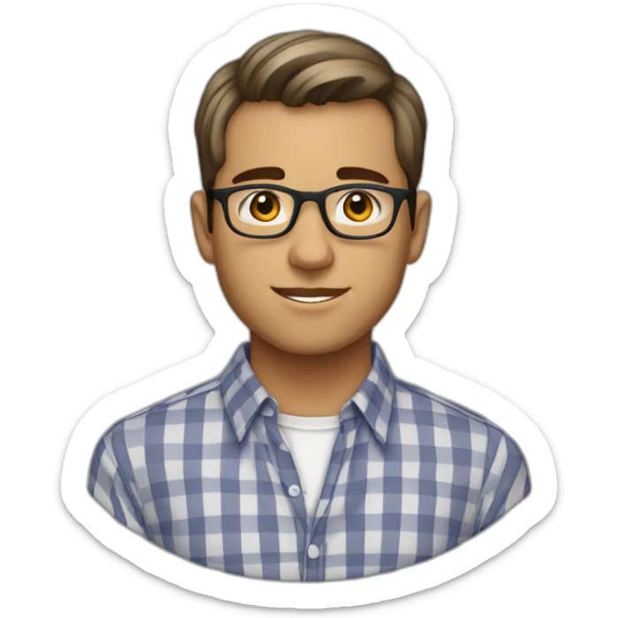 Young professional male wth short hair, glasses, and wearing a gingham dress shirt sticker
