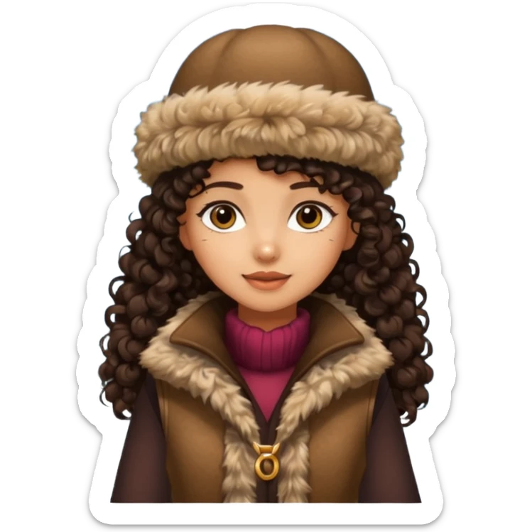 "A girl with curly dark hair 👩🏻‍🦱, wearing a fur hat 👒🦊 and a fur vest 🧥, standing in the snow ❄️ with pine trees 🌲 in the background, holding a Bashkir dombyra 🎶. Emoji style." sticker