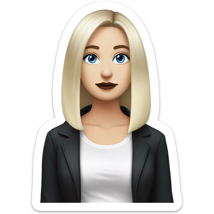 Slavic adult woman, goth eyes makeup, blue eyes, medium bob black-to-blonde ombre straight hair, white T-shirt and black office jacket. sticker