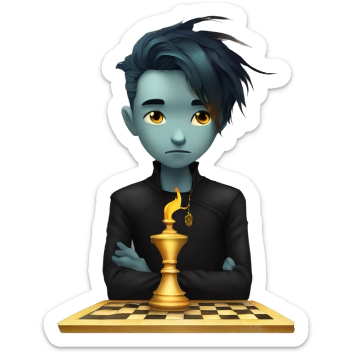 Hamlet young skinny sad man iridescent hair wearing raven feathers with a gilded hourglass and golden flames yin yang chess board sticker
