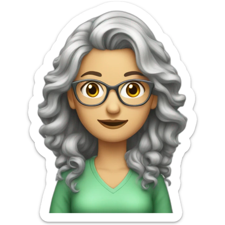 Femme 50 ans cheveux longs gris, ondulés lunette métal yeux vert  sticker