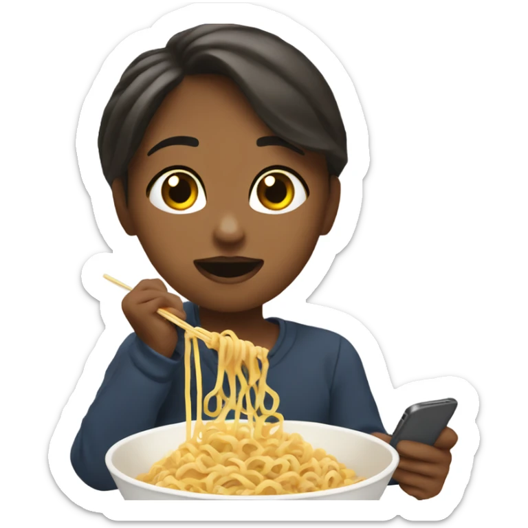 A girl eating ramen noodles and watching a show on her phone sticker