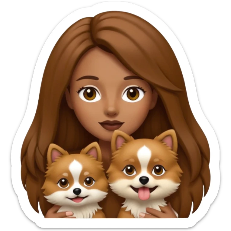 Create an emoji-style illustration of a woman with long brown hair holding one Pomeranian dog. The dog has a black face with a white stripe running down the middle of its nose and mouth. sticker