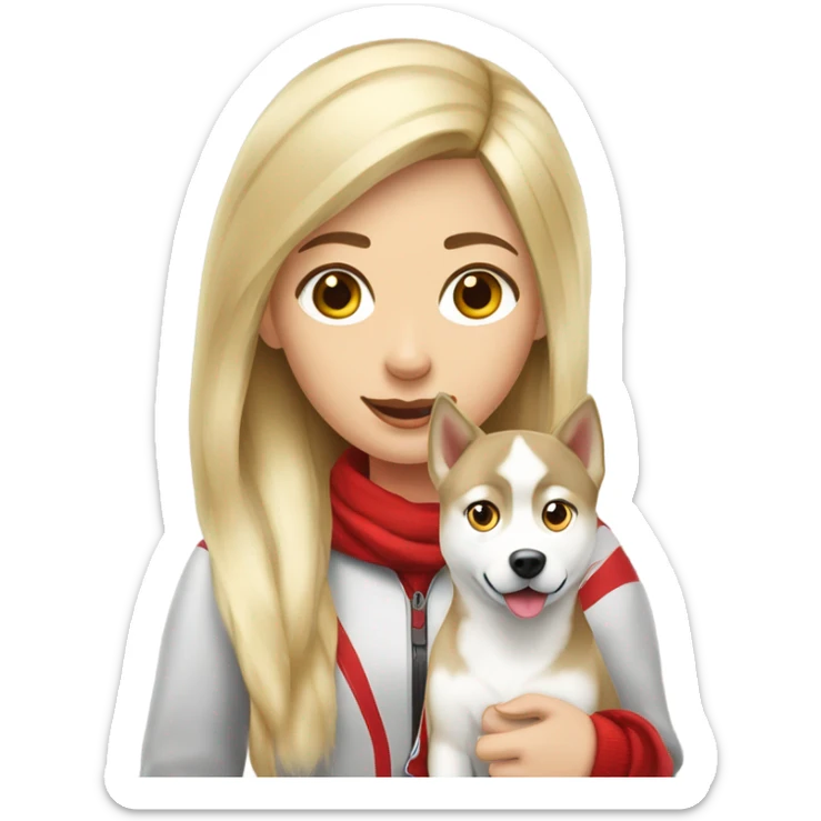 blonde girl with red and white Siberian Husky dog sticker