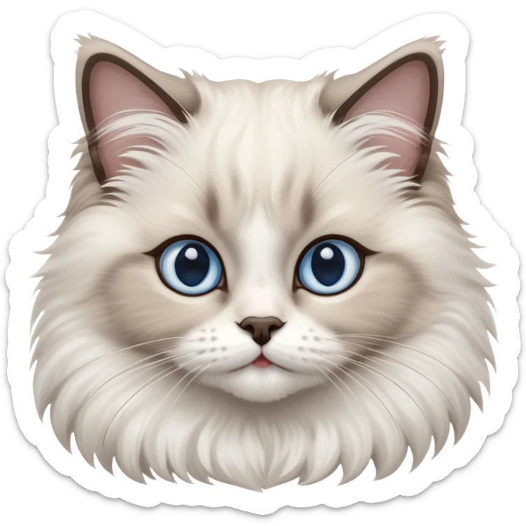 cinematic-adorable-big-eyed-fluffy-ragdoll-cat-portrait-emoji,-head-tilted-playfully-with-a-sweet-expression,-fluffy-white and grey-fur,-simplified-yet-irresistibly-cute-features-with-large,-expression, blue eyed ragdoll cat sticker
