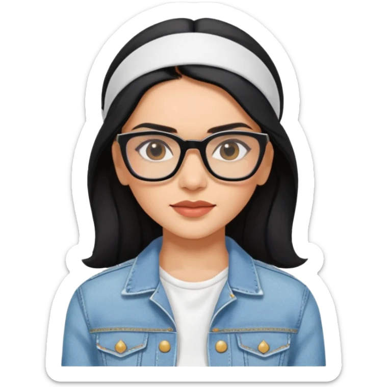 generate a pretty bratz emoji 
Make her wear a white dress with a denim jacket over it. black hair side part with a white headband

She should look exactly  like Deepika padukone. wearing rectangular spectacle sticker