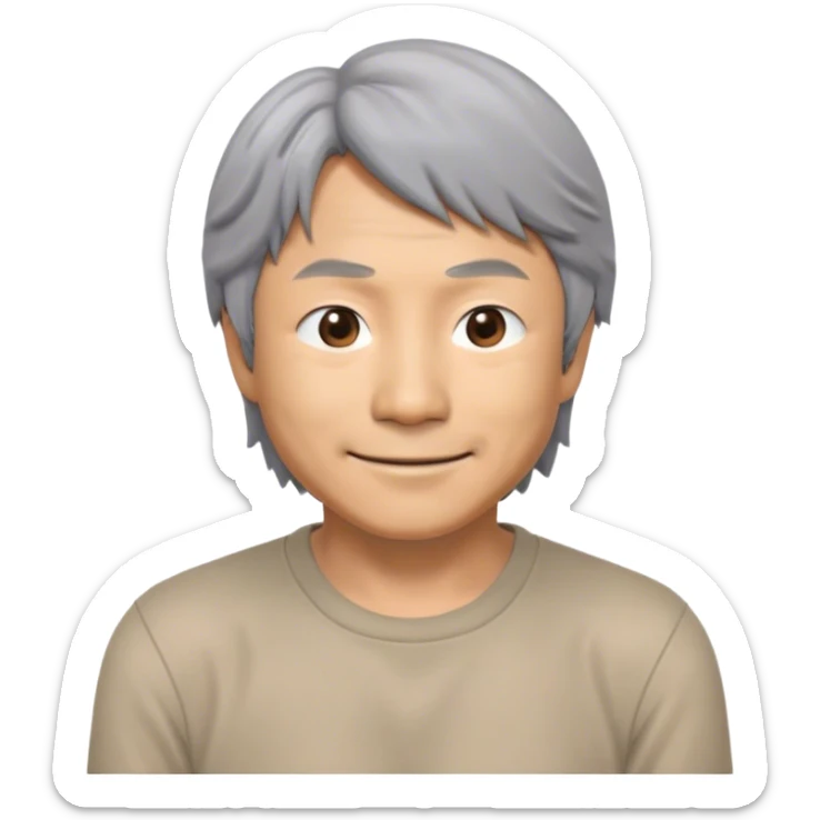 ​Cinematic Realistic Portrait of a Smiling Shigeru Miyamoto, depicted with warm, approachable features, gentle grey-tinted hair, and kind, expressive eyes, set against a subtle backdrop hinting at iconic video game imagery, rendered with lifelike textures and soft, inviting lighting that captures his innovative spirit, sticker