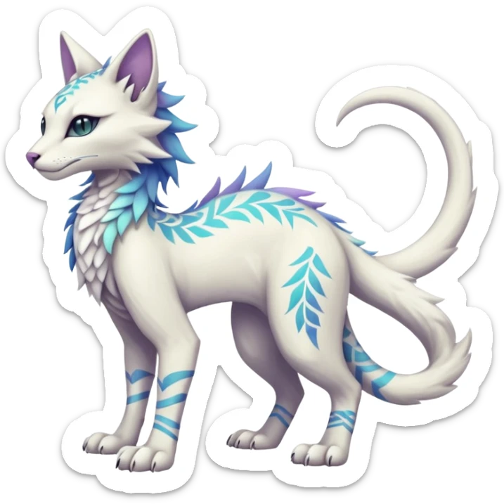 Kawaii white iridescent edgy cool fantasy feline-vernid-sergal-fursona animal creature with a tufted tail full body with intricate tribal markings  sticker