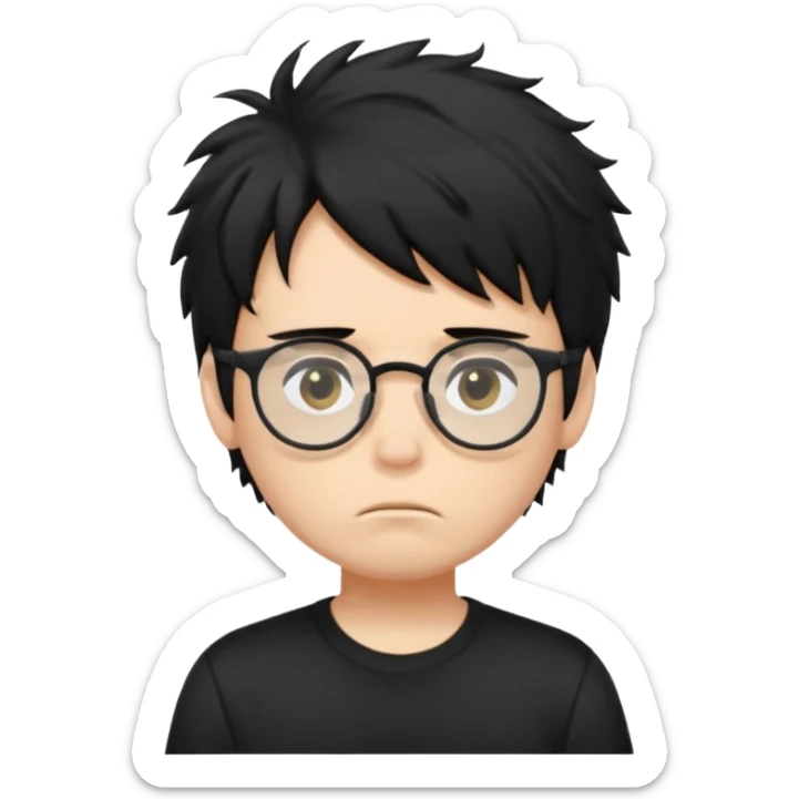 generate a pretty bratz fair skinned boy with black messy hair wearing a black tshirt looking bored n tired. Glasses on sticker