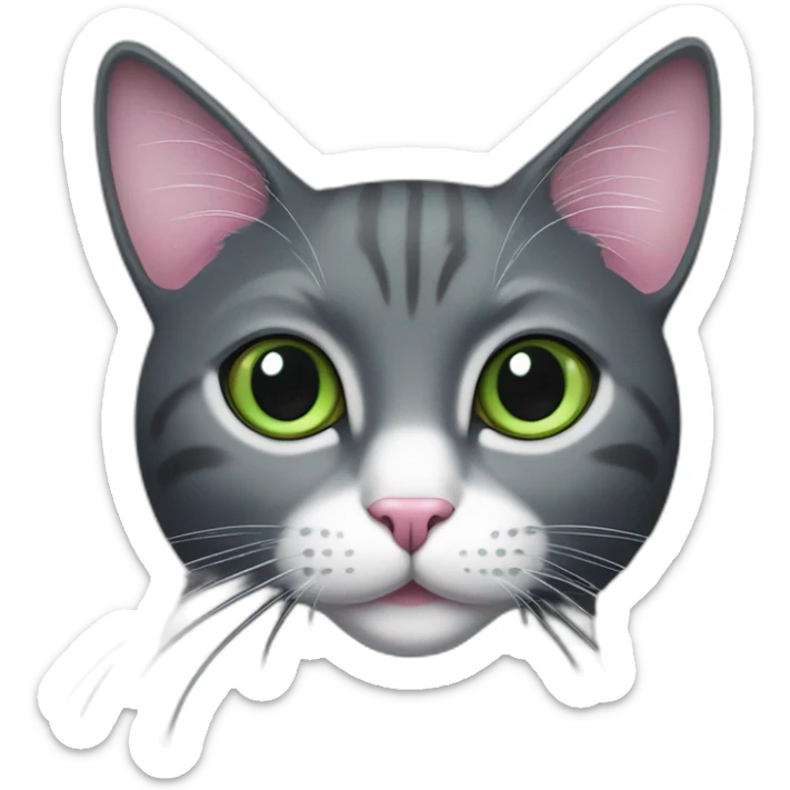 dark grey cat, pink nose, green eyes, white long whiskers, white spots near the nose, white breast sticker