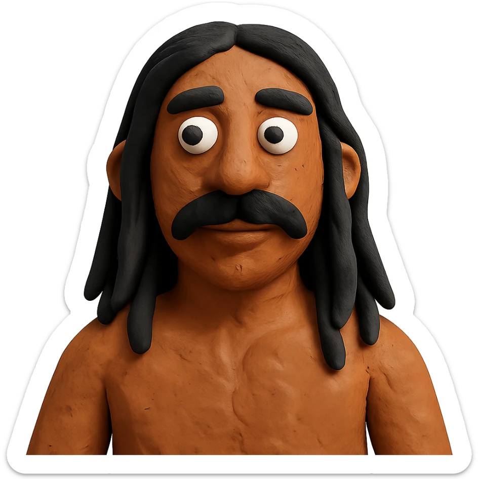 claymation style man with long black hair, mustache, no beard, brown skin sticker