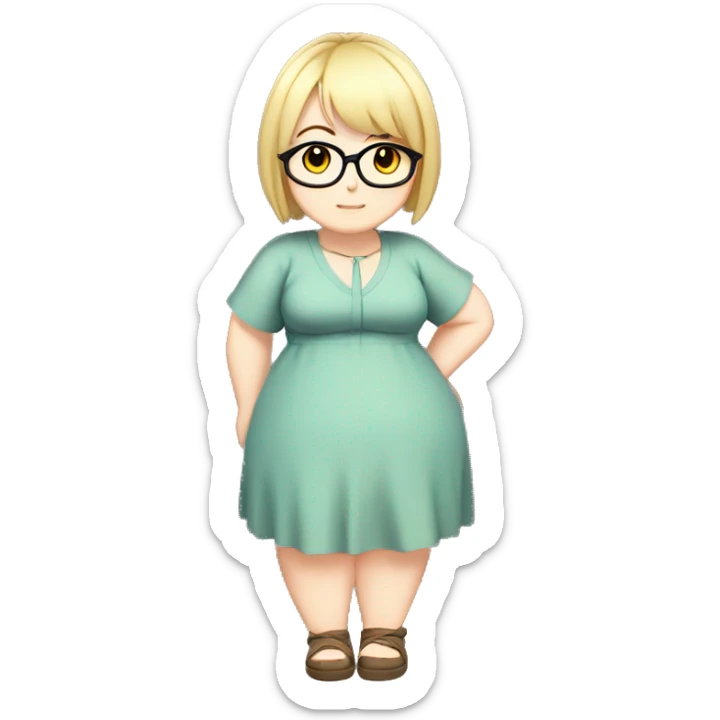 Chubby anime girl with glasses and short blond hair, full body wearing cute dress sticker