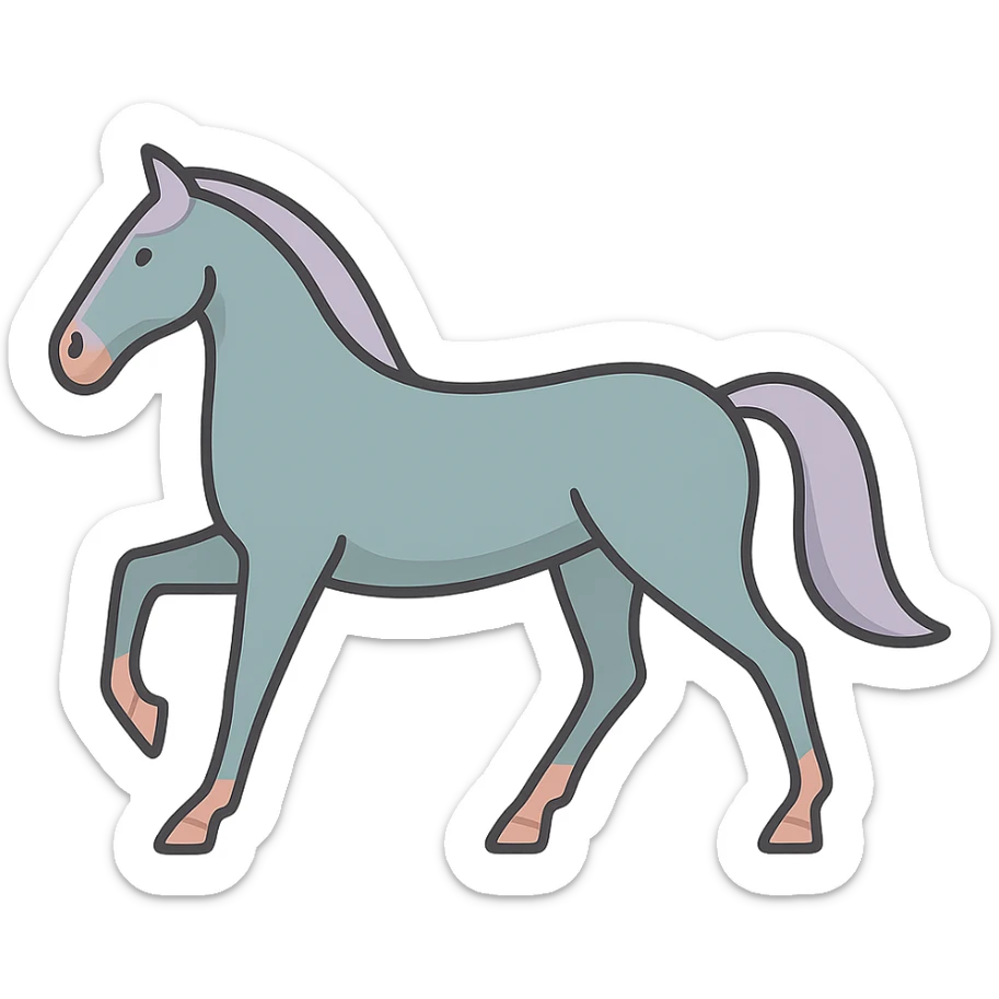 Create an icon-color-outlined style illustration of a horse in Chinese eastern style. The pose should match the reference image. Use thin, clean contours and soft rounded shapes. Employ a pastel palette with colors #98B5BC, #B5B3C1, #C9A3C9, #E4C0CA, #F7DCD1, #F7C0AA. Include detailed shadows and highlights with soft lighting. The background should be transparent. The horse should appear less cute and have no decorative elements. sticker