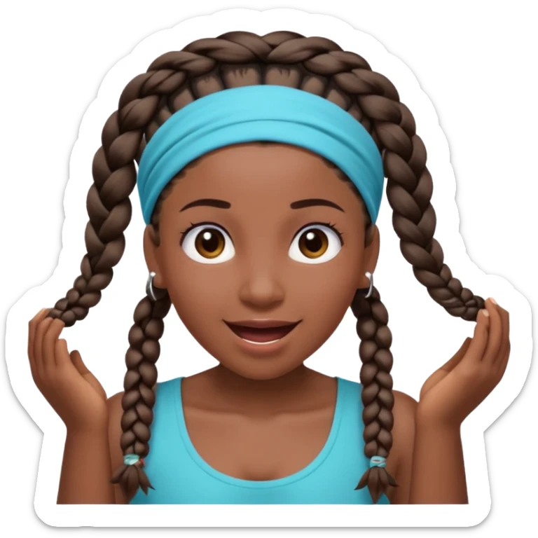 big lose braids starting from the top of the head woman face wiith big visible braids and mono color headband on head excited face and braids as big as headband and lots and lots of piercings sticker
