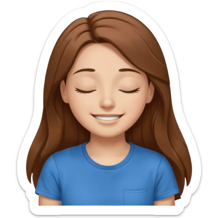 female face smiling with closed eyes with long brown hair and brown eyes in a blue t-shirt sticker