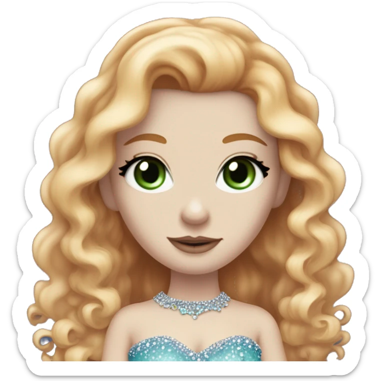  Red long hair curly girl, pale skin, white foundation, purple eyeshadow, with green eyes and a blue bedazzled dress with a small tiara on her head, with mascara on her eyes blue dress pale skin sticker