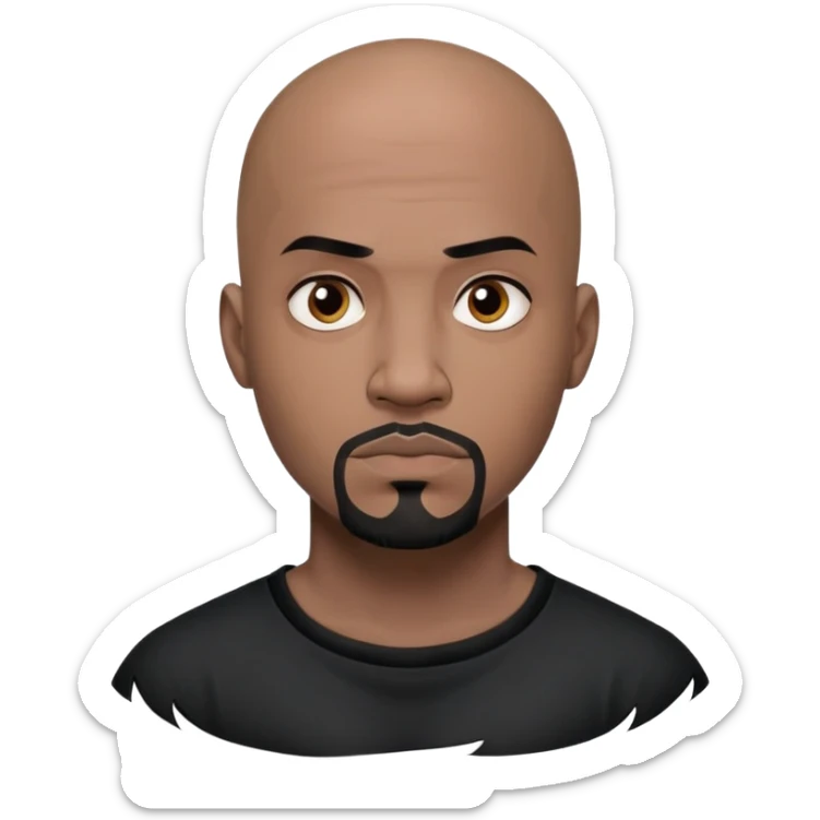 đàn ông 30 tuổi, da đen, đầu trọc, râu quai nón đen, có hình xăm trên mặt, áo đen, mặt nghiêm túc sticker