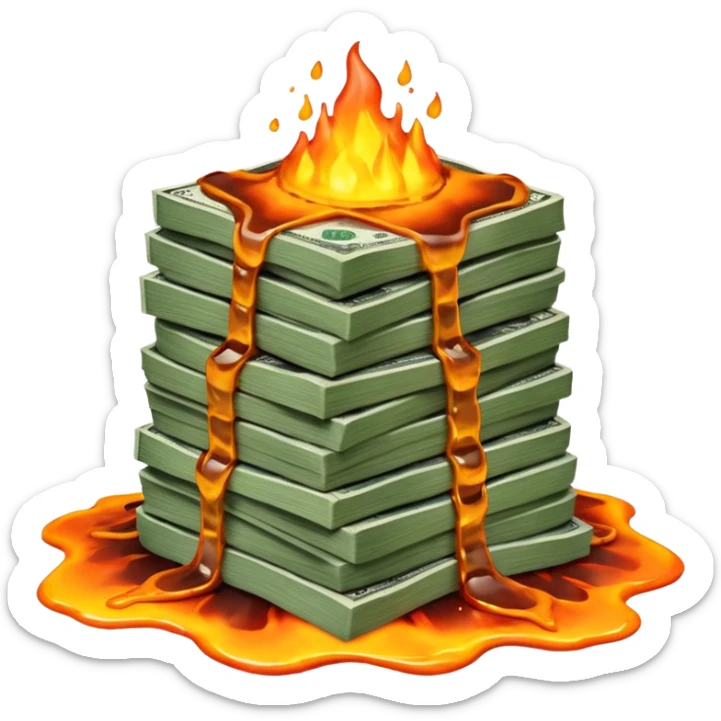 Transform the stack of money into lava money: make the bills appear to be melting and turning into glowing, molten lava with realistic textures and dramatic lighting. Keep the background transparent. The style should reflect a realistic molten lava effect with glowing and melting details. sticker