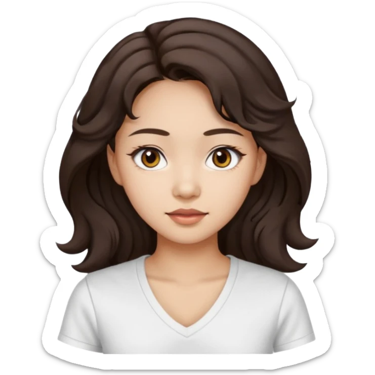 iOS style emoji. A girl with very long dark brown wavy hair. And the eyes color is dark brown. And she is wearing white t shirt with V kneck. And she is 30. She is Asian with double eyelids  sticker