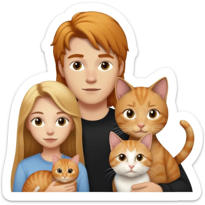 22 year old man with brown long hair, 18 year blond woman and cats 1 year (ginger male and black female) sticker
