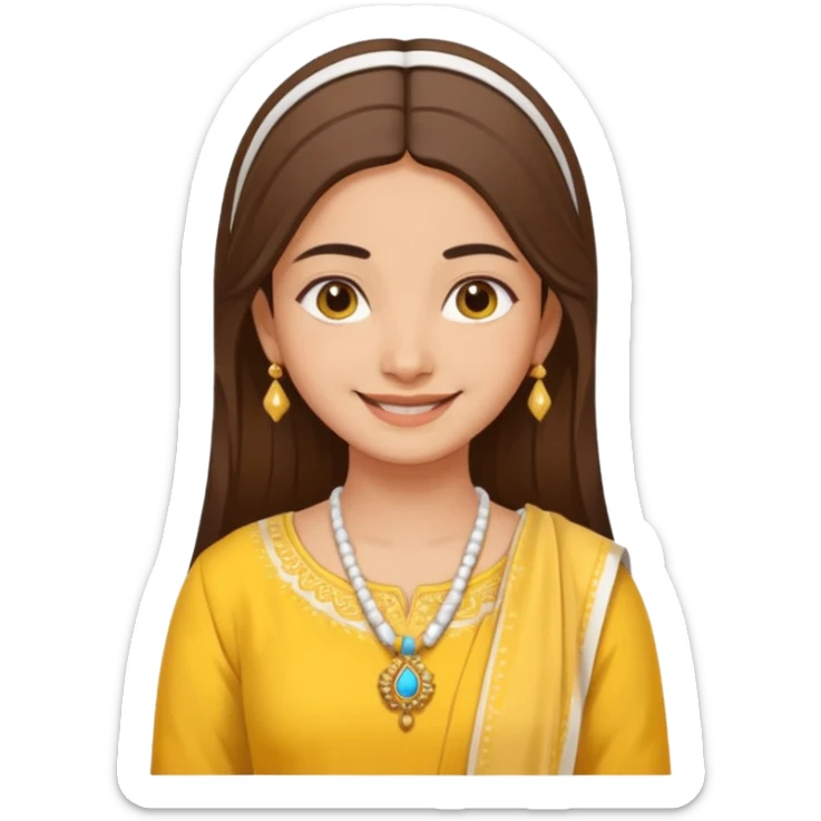 generate an ios genmoji in a bratz style of a fair beautiful indian girl wearing a casual kurti (yellow) with dupatta around her neck in white sticker