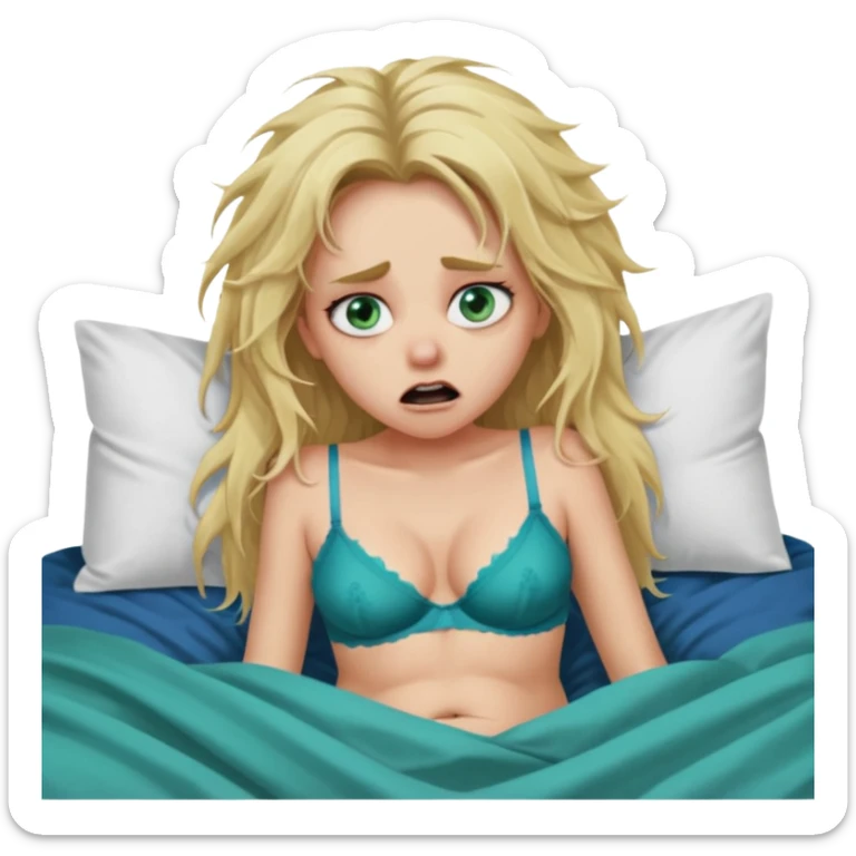 Blonde baddie with very long messi hair blue-green eyes  and lay in a big bed in underwear sie hat Todesangst und guckt schmerzhaft und erschrocken ihr Bauch ist dick und ihre Unterhose blutet  sticker