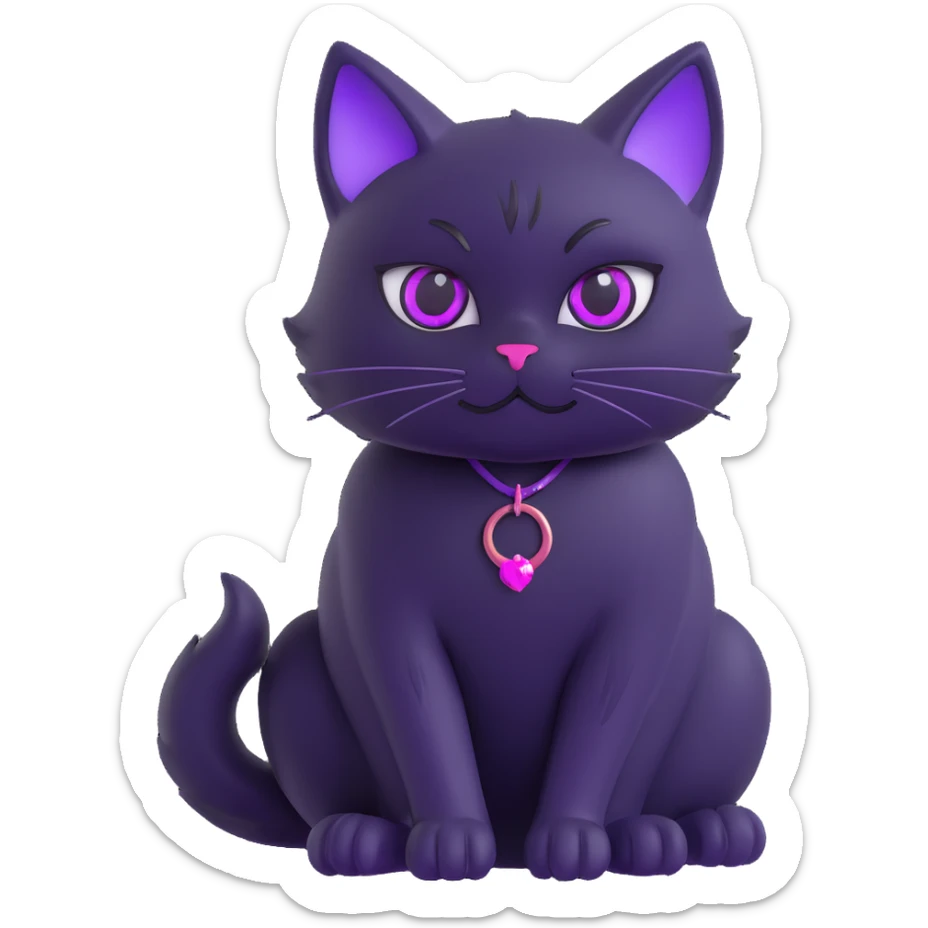 stylized black cat with glossy fur and vibrant purple eyes, sitting, 3D emoji style sticker