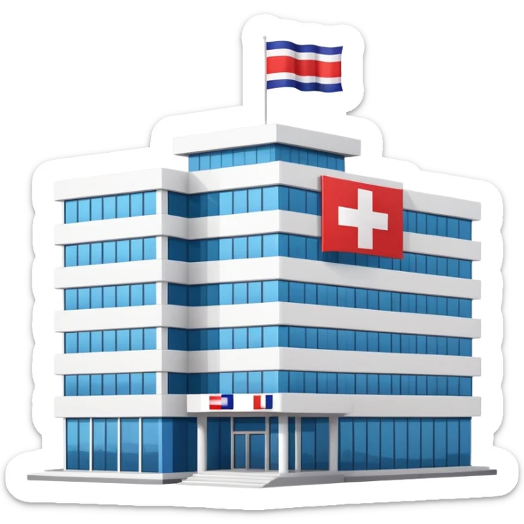 Hospital building with Thai flag waving, red cross medical symbol, Thailand flag with red white blue stripes sticker