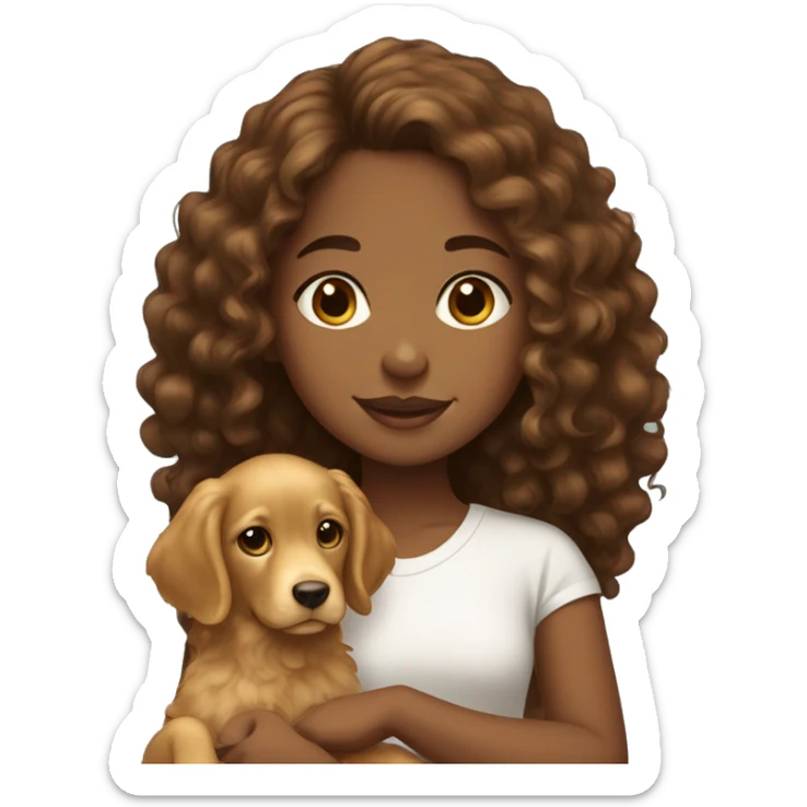 Brown girl with brown curly hair with a golden retriever puppy sticker