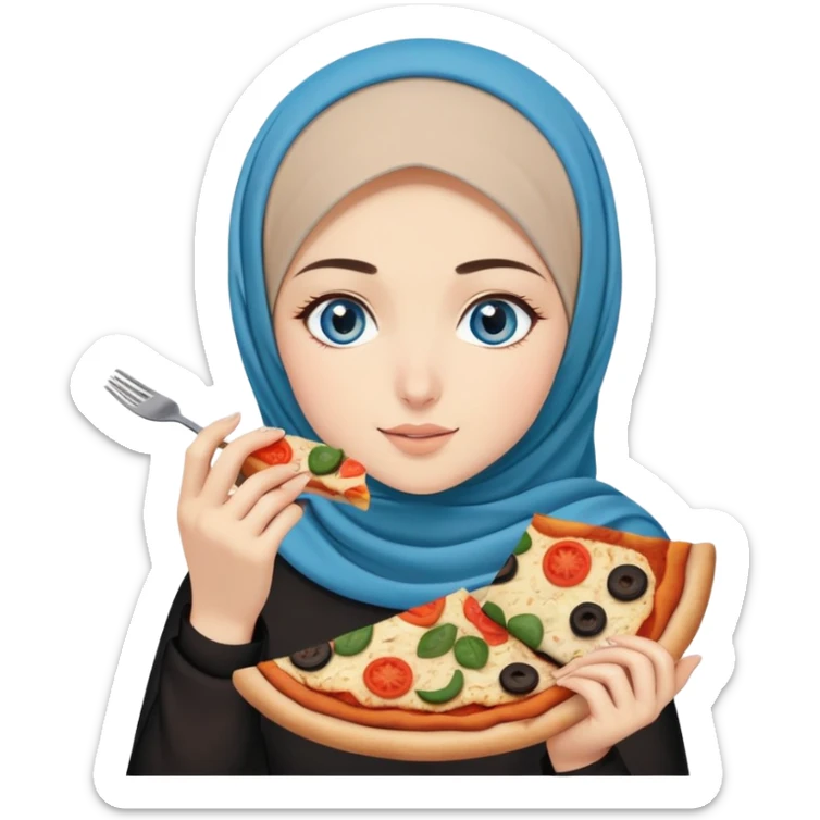 Turkish beautiful finish Konya girl blue eyes with beige and black hijab islamic dress and eating with her hand a slice of vegetable pizza  sticker