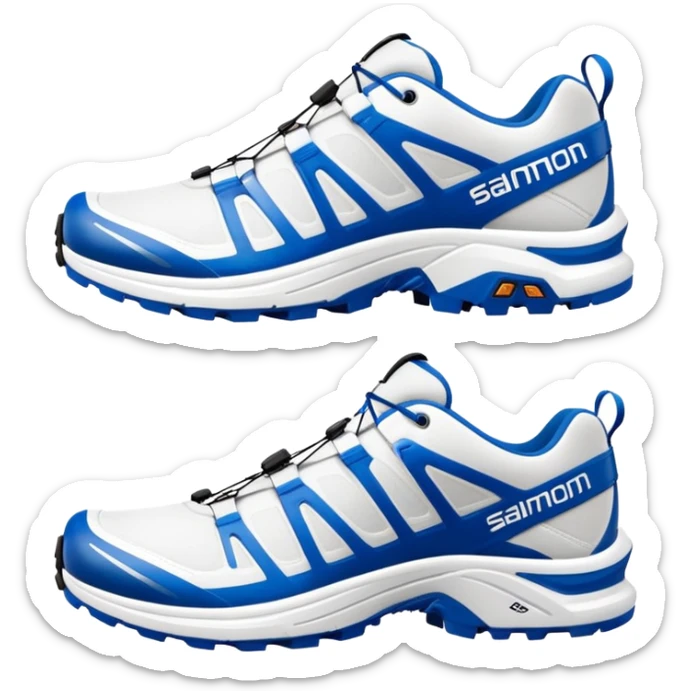 Minimalist white Salomon XT-6 with blue signature Salomon stripe across the middle, one positioned behind the other, iOS emoji style, completely white except for the distinctive colored middle stripe sticker