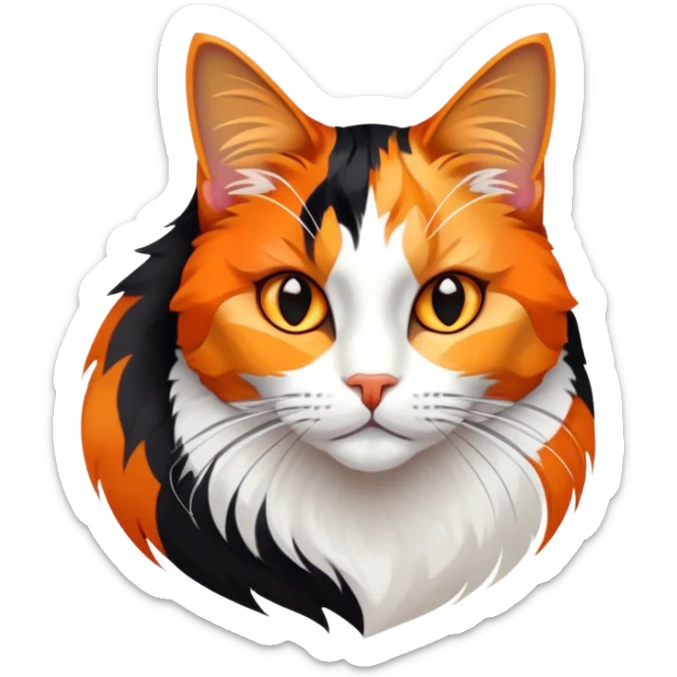 cinematic-noble-calico-cat-portrait-emoji,-poised-and-regal,-with-a-striking-patchwork-fur-in-vibrant-orange,-black,-and-white-hues premoninantly black,-delicate-whiskers-and-a-refined,-relaxed-gaze,-simplified-yet-exquisitely-detailed,-glowing sticker