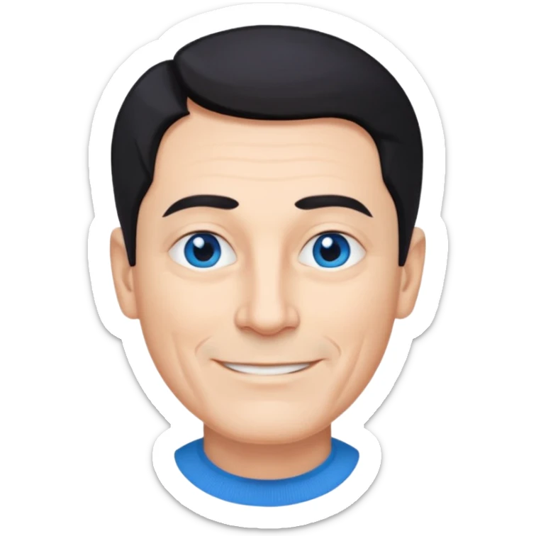 homme 60 ans menton pointu, yeux bleus cheveux noir courts sourir sticker
