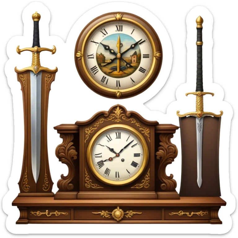 Icon for Antiques Collecting: a vintage clock, intricately carved furniture, famous paintings, antique swords, and rifles. The items are displayed on a wooden table or shelf. The icon should evoke the rich history and craftsmanship of antique collecting. Transparent background. sticker