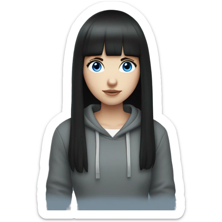 A pale girl with blue eyes. Black hair and bangs. With a black hoodie ￼￼ sticker