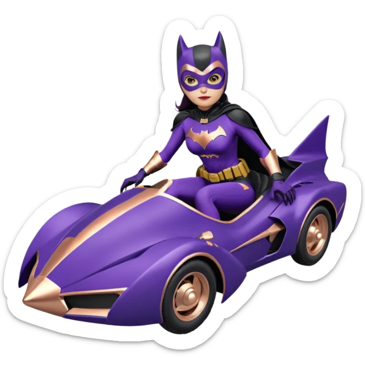  proportionally correct, real-appearance racing adult BatGirl’s feminine midnight-purple tight outfit sixty’s tv show 2032 stealth retro cat burglar sporty petite off-road pursuit hovering black hover cruiser car rose gold accents (black hair,reclined and relaxed seating position and attitude) Dakar sticker