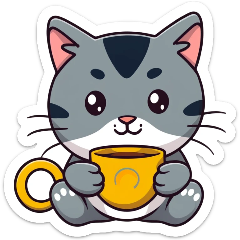 tricolor fluffy cat with big green eyes drinking a cup of coffee sticker