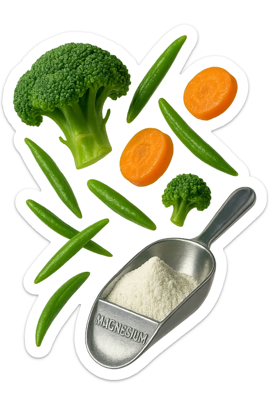 BOCCETTA DI MAGNESIO E VERDURE COTTE FLUTTUANO IN ARIA, IPERREALISTICA 4K sticker