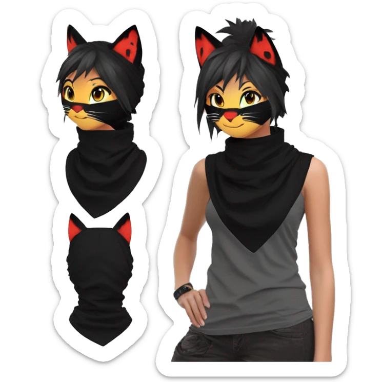 Edgy Shy Anthro Ninja boyish cool pretty dark black Litten-Pokémon-cat-fursona-animal techwear ponytail bandana sticker