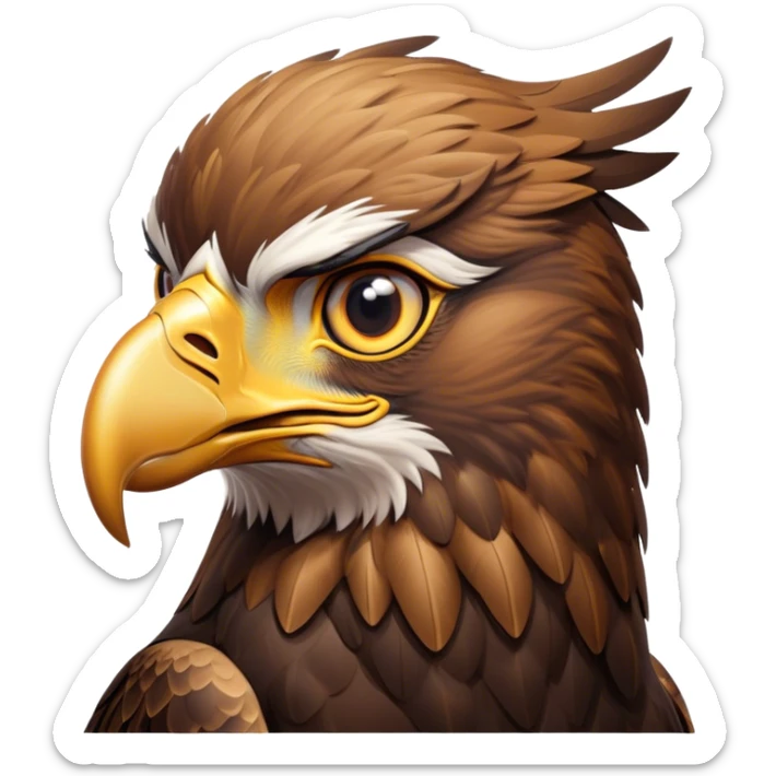 Cinematic Noble Golden Eagle Portrait Emoji, Poised and majestic, with a powerful, broad build, regal hooked beak, and piercing, intense eyes set against richly golden-brown plumage, Simplified yet sharp and sophisticated features, highly detailed, glowing with a soft, amber radiance, high shine, intelligent and commanding, stylized with an air of aerial supremacy, focused and determined, soft glowing outline, capturing the essence of a watchful and confident golden eagle that appears ready to soar out of the screen with effortless authority! sticker