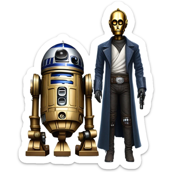 tarnished undercover tough well-equipped Jedi  life-sized darkblue-pearl C3po as a friendly droid wearing a leather clothing old west duster coat holding light saber  sticker