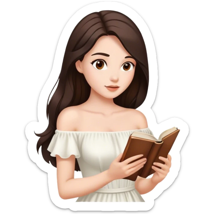 Beautiful woman in 1950’s woman fashion look, off-shoulder white dress, long dark brown hair, reading  sticker